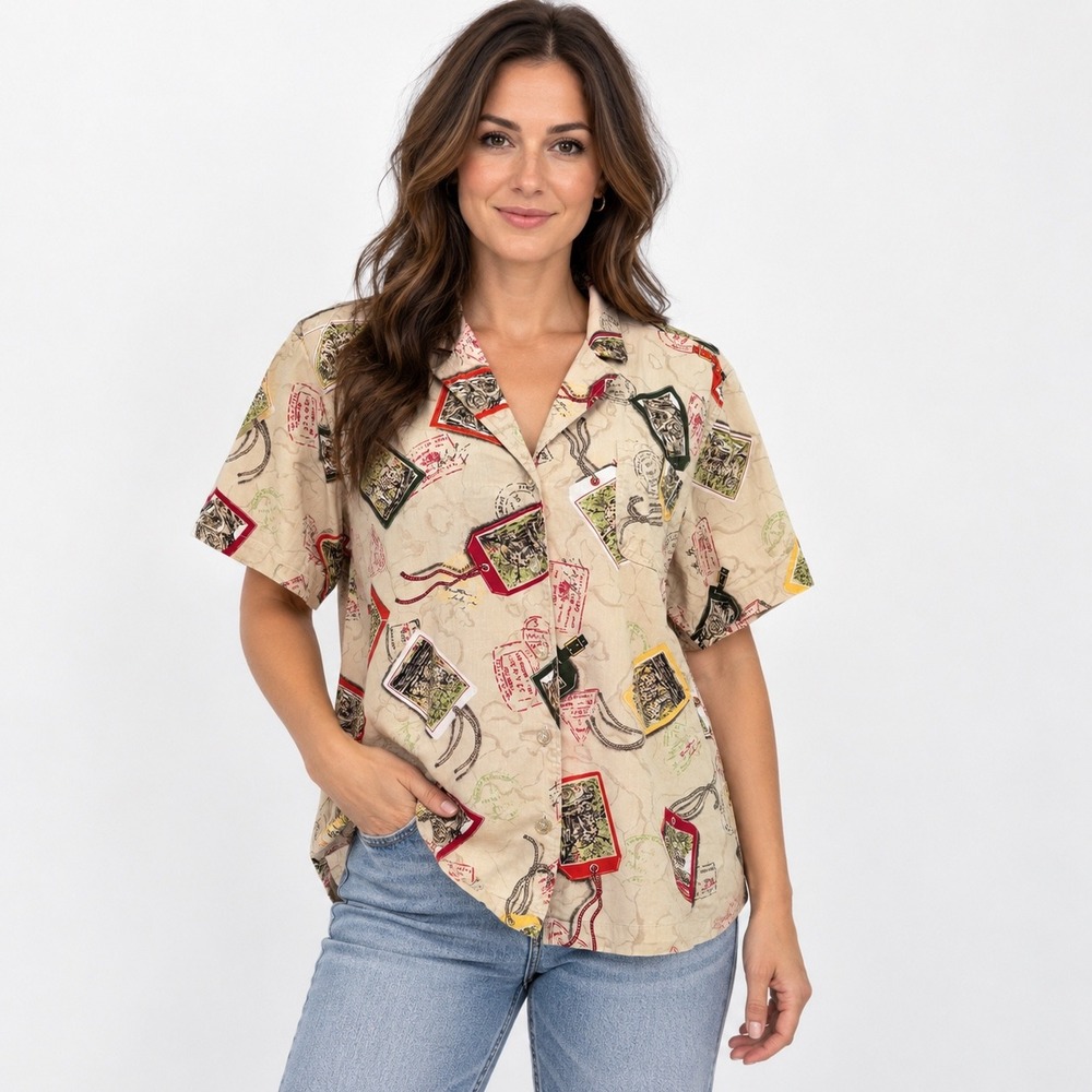 Vintage Erika 90s Y2K Button Down Shirt XL Beige Travel Luggage Tag Print